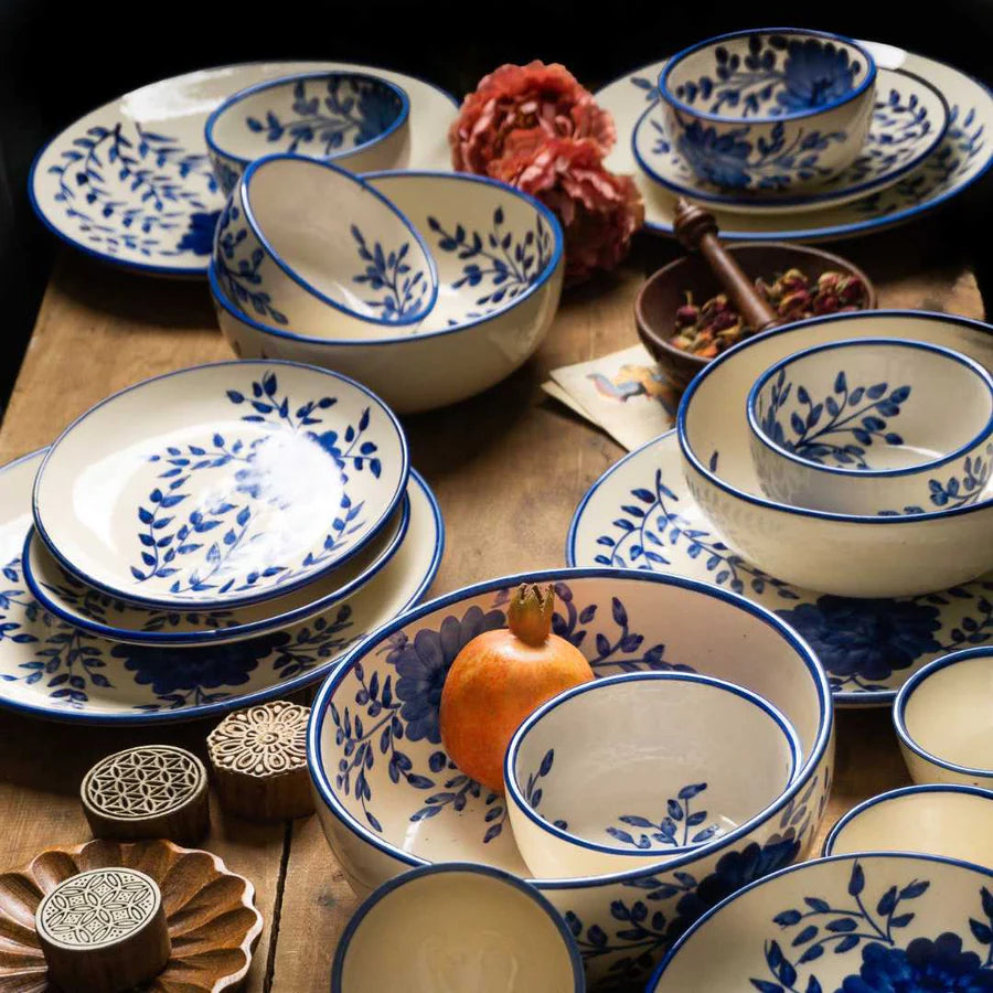 Floral Ceramic Dinner Set | Handmade Ceramic Dinner Set of 8 Pcs (for 2) - Blue & White