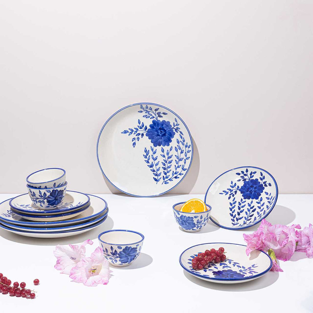 Blue Poppy Ceramic Dinner Set | Handmade Ceramic Dinner Set of 8 Pcs (for 4) - Blue & White