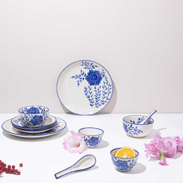 Blue Poppy Ceramic Dinner Set | Handmade Ceramic Dinner Set of 8 Pcs (for 4) - Blue & White