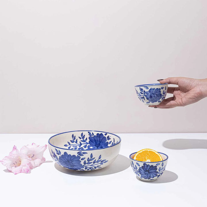 Blue & White Ceramic Bowl Set | Handmade Ceramic Serving Bowl Set of 3 - Blue & White