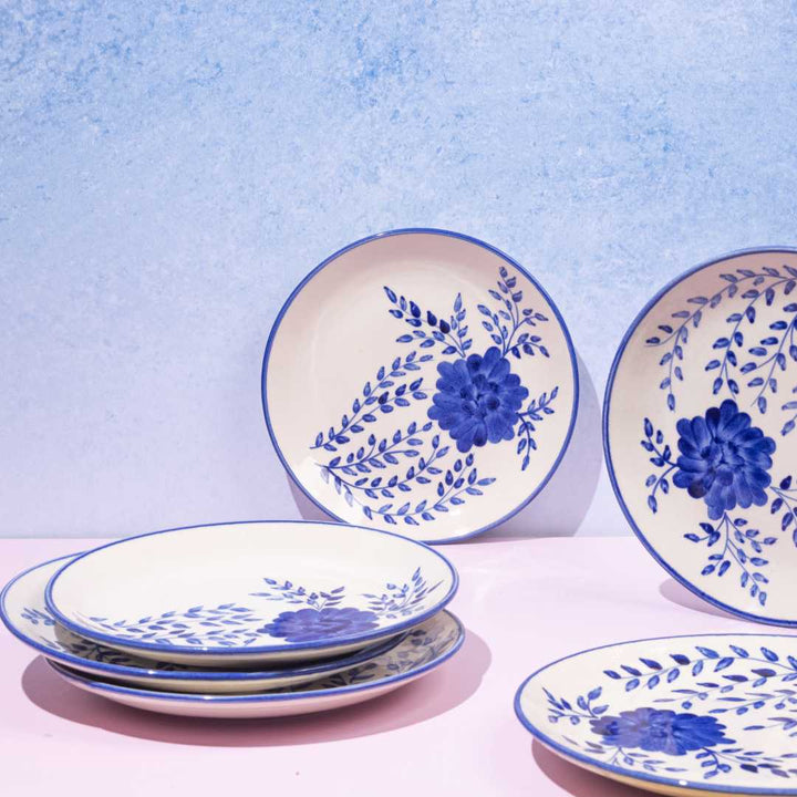 Handmade Blue Floral Ceramic Dinner Plates | Handmade Floral Ceramic Dinner Plate Set of 6 - Blue