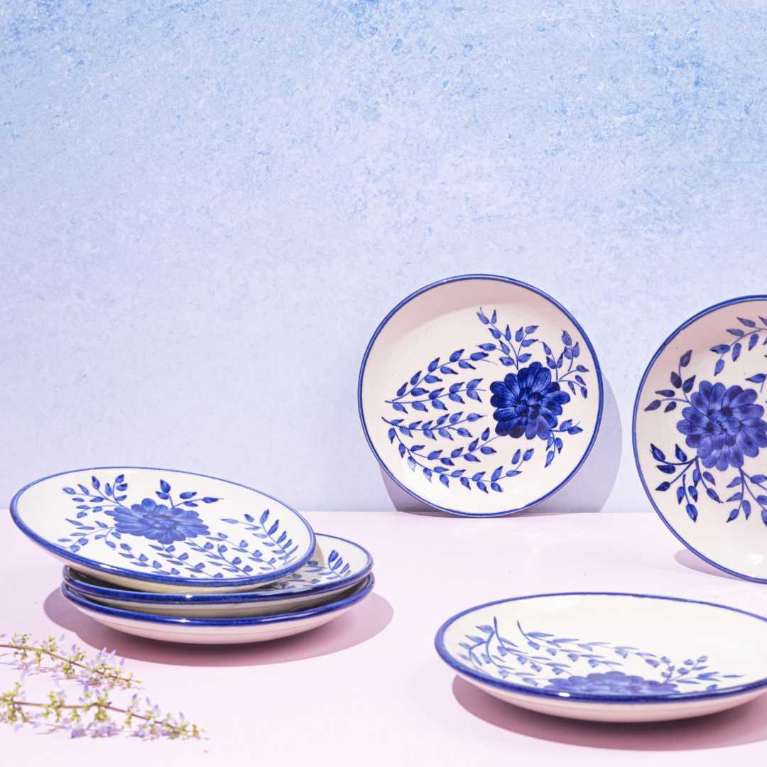 Handmade Blue Floral Ceramic Dinner Plates | Handmade Floral Ceramic Dinner Plate Set of 6 - Blue