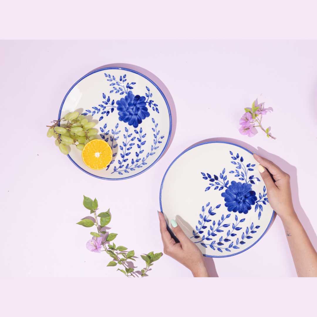 Handmade Blue Floral Ceramic Dinner Plates | Handmade Floral Ceramic Dinner Plate Set of 6 - Blue