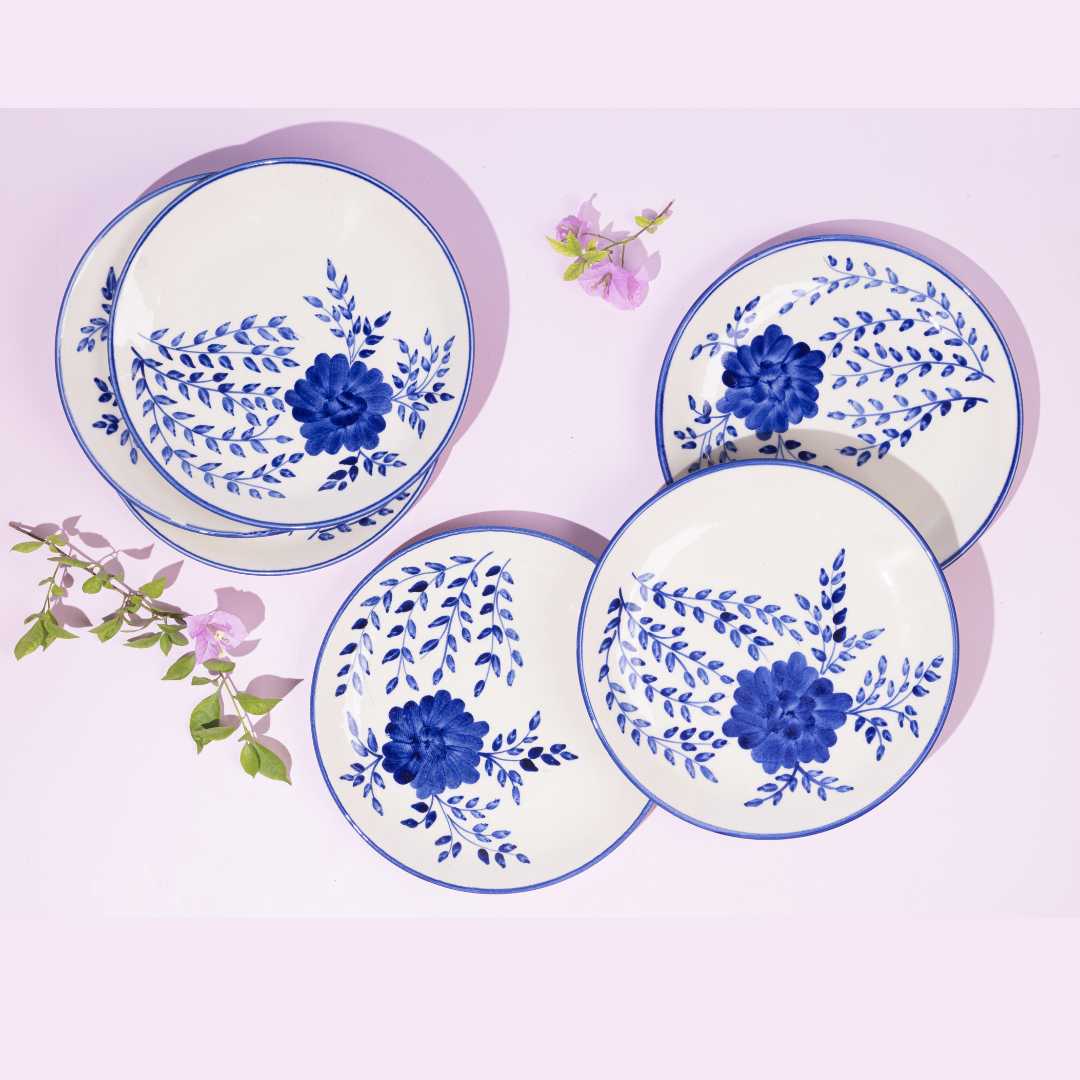 Handmade Blue Floral Ceramic Dinner Plates | Handmade Floral Ceramic Dinner Plate Set of 6 - Blue