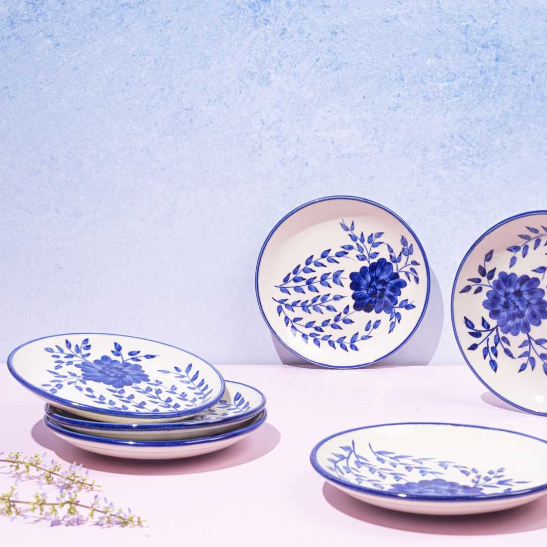 Blue Floral Ceramic Quarter Plate Set | Handmade Ceramic Quarter Plate Set of 4 - Blue