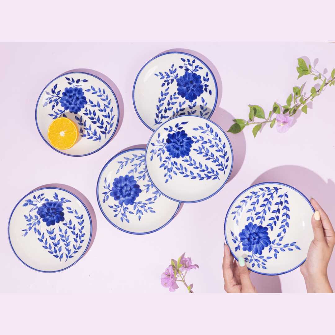 Blue Ceramic Quarter Plate Set | Handmade Ceramic Quarter Plate Set of 6 - Blue