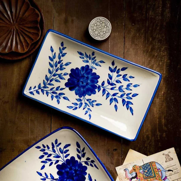 Floral Print Ceramic Platter - Lead-Free and Safe | Handmade Floral Print Ceramic Rectangular Platter