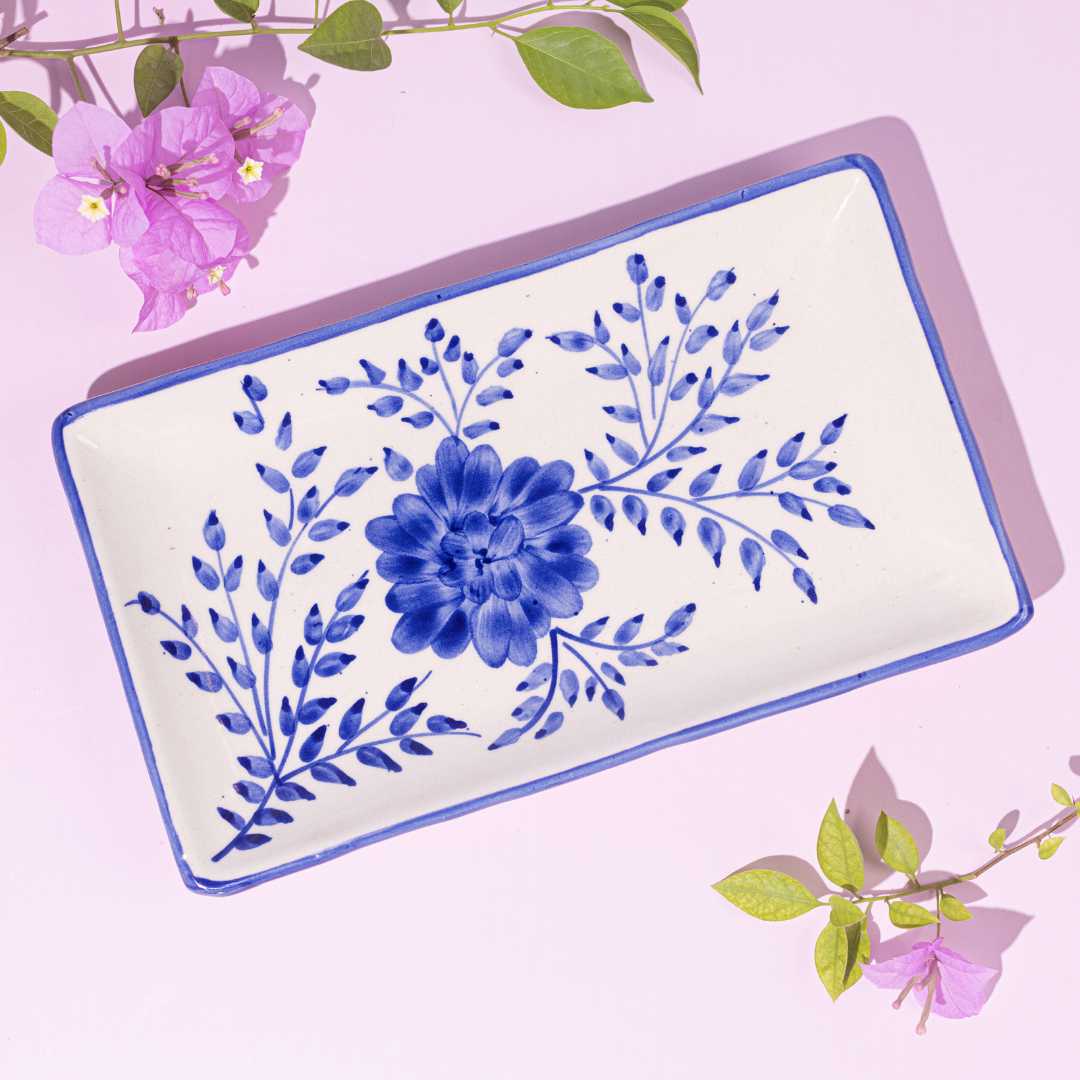 Floral Print Ceramic Platter - Lead-Free and Safe | Handmade Floral Print Ceramic Rectangular Platter