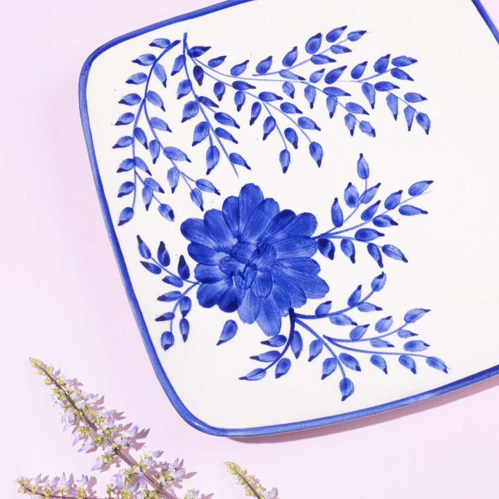 Ceramic Square Platter - White & Blue, 10x10 | Artistic Floral Ceramic Square Platter - White & Blue