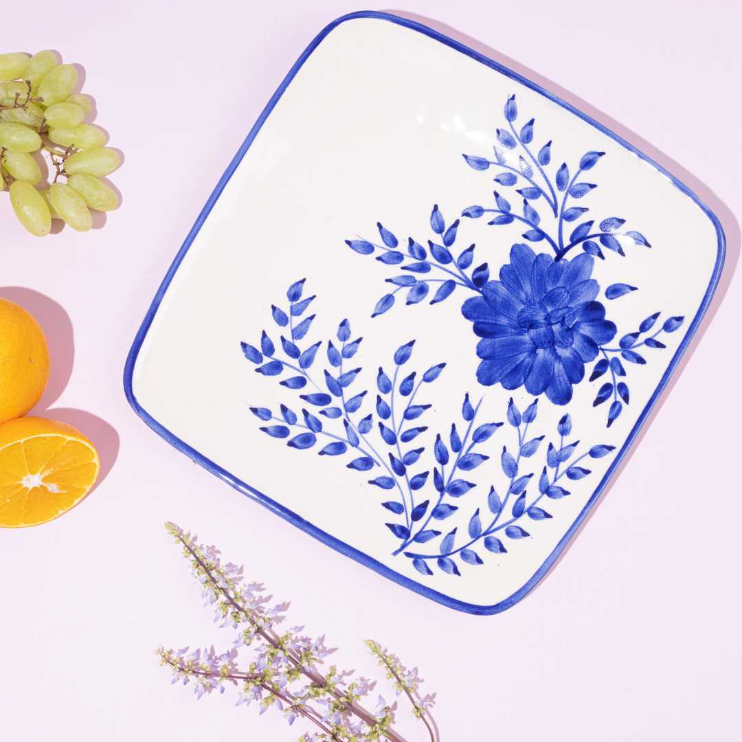 Ceramic Square Platter - White & Blue, 10x10 | Artistic Floral Ceramic Square Platter - White & Blue