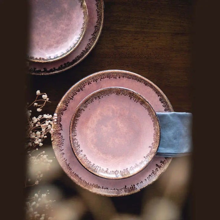 Handmade Ceramic Dinner Set - Bronze Glaze, Safe for Microwave and Dishwasher | Handmade Ceramic Dinner Set of 8 Pcs - Nude Pink