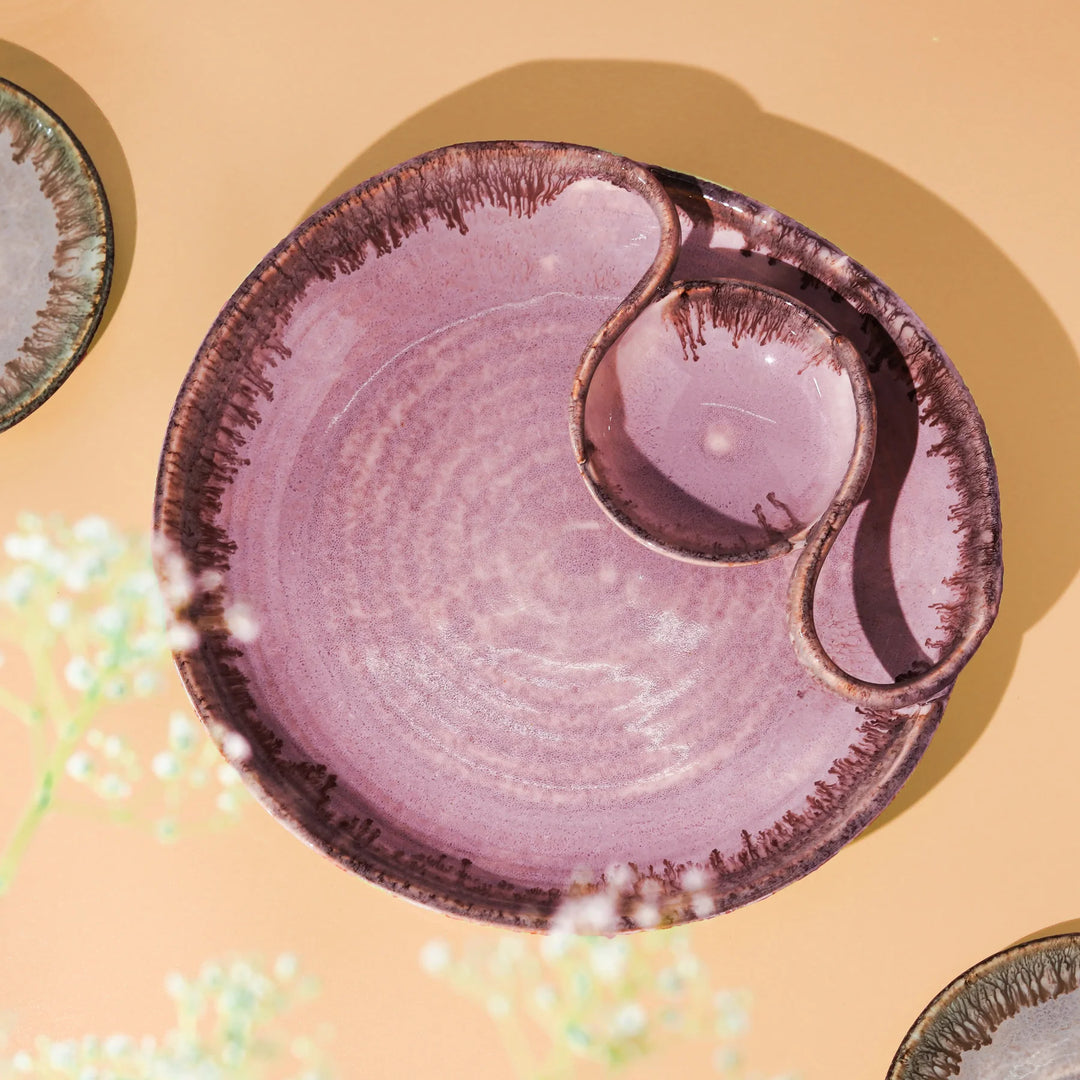 Handmade Pink Chip & Dip Platter | Handmade Round Ceramic Chip & Dip Platter - Light Pink