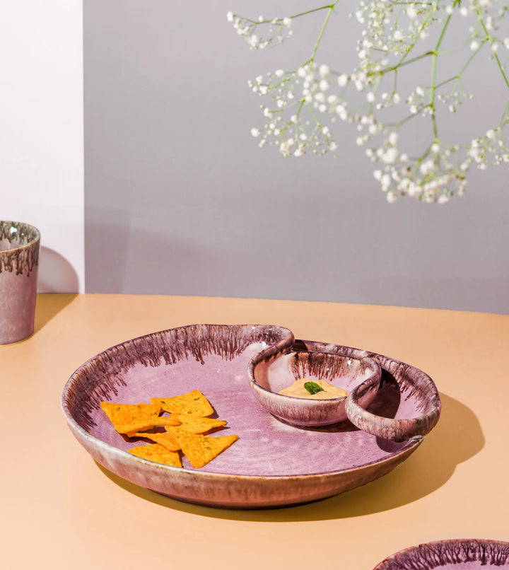 Handmade Pink Chip & Dip Platter | Handmade Round Ceramic Chip & Dip Platter - Light Pink