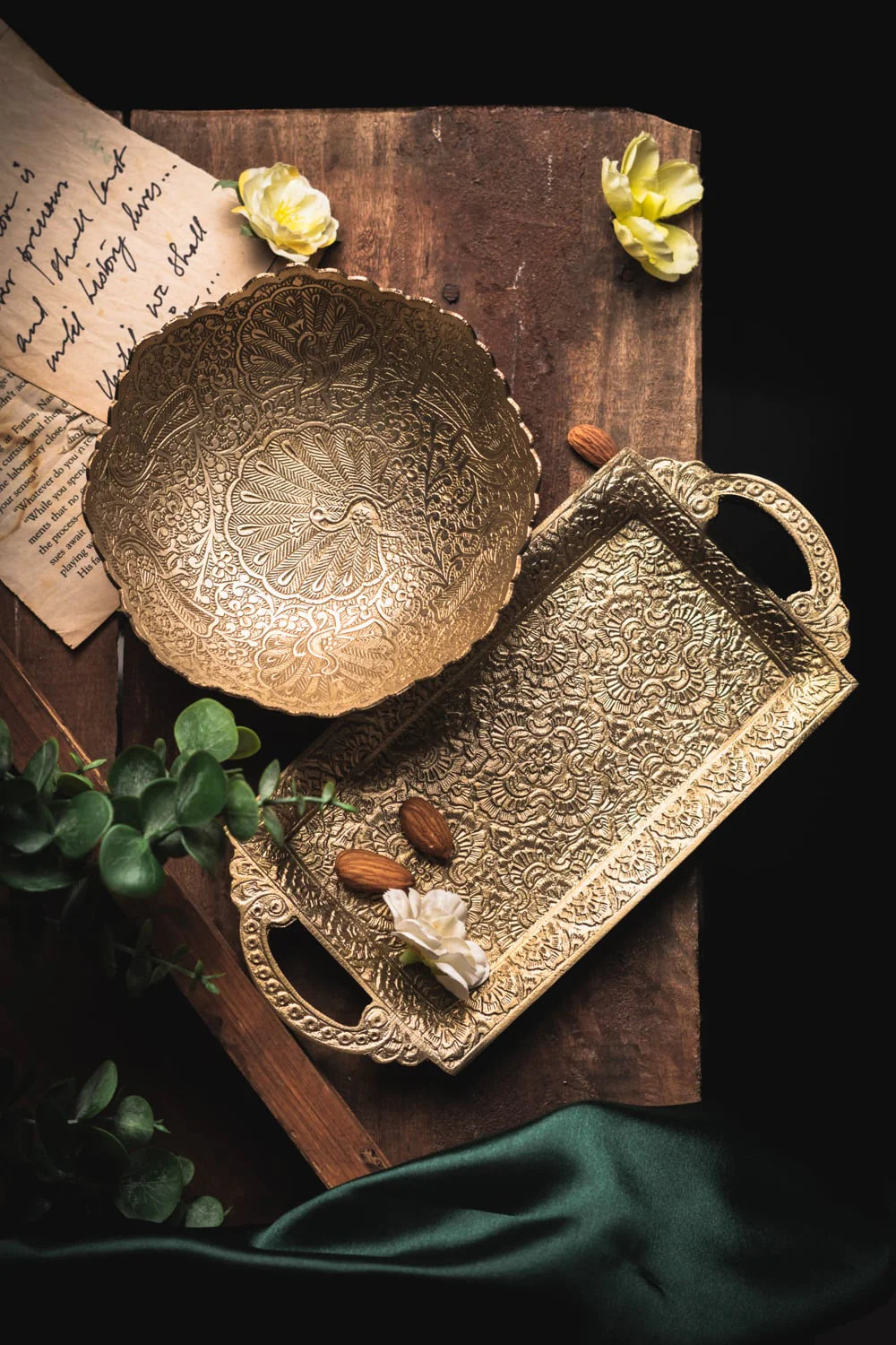 Brass Serving Tray and Serving Bowl | Luxurious Brass Serving Tray and Large Serving Bowl