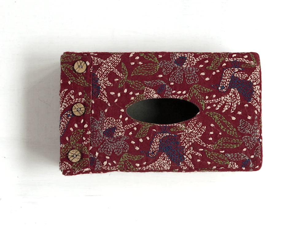 Tissue Box with Embroidered Motifs - Handwoven Maroon | Levende Handwoven Tissue Box - Maroon