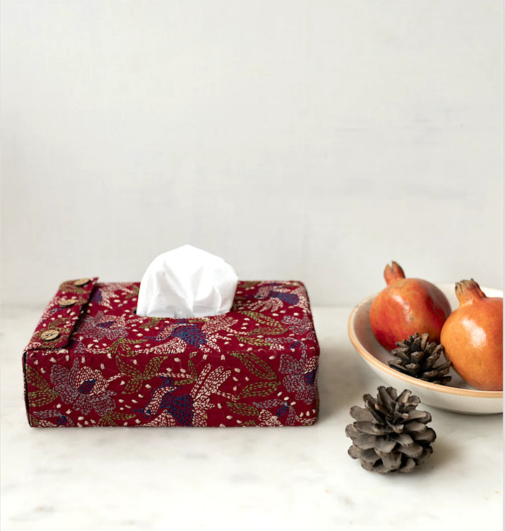 Tissue Box with Embroidered Motifs - Handwoven Maroon | Levende Handwoven Tissue Box - Maroon