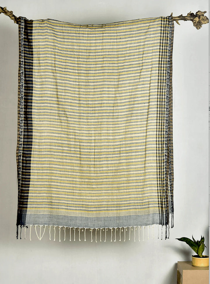 Yellow Handwoven Cotton Stole with Beige Stripes and Tassels | Aito Handwoven Cotton stole - Yellow