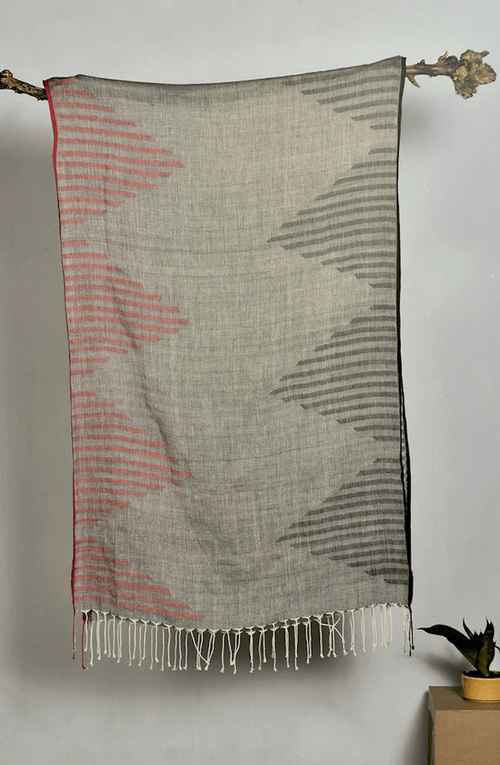 Handwoven Cotton Stole in Gray, Red & Black | Cyfoes Handwoven Cotton Stole - Gray Red & Black