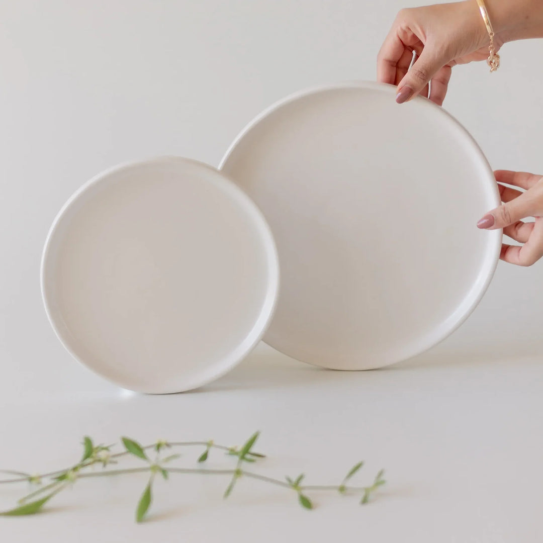 Lead-Free Ceramic Plate Set | Handmade Ceramic Flat Plate Set of 2 - White