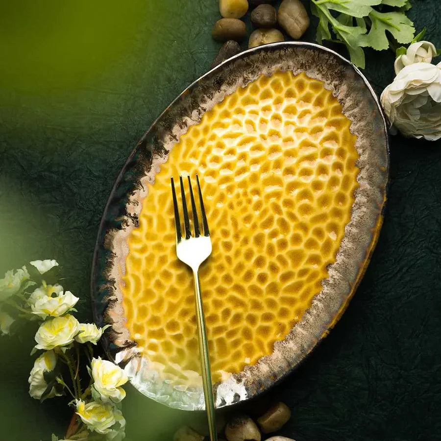 Yellow Ceramic Oval Platter | Artistic Ceramic Oval Platter - Yellow