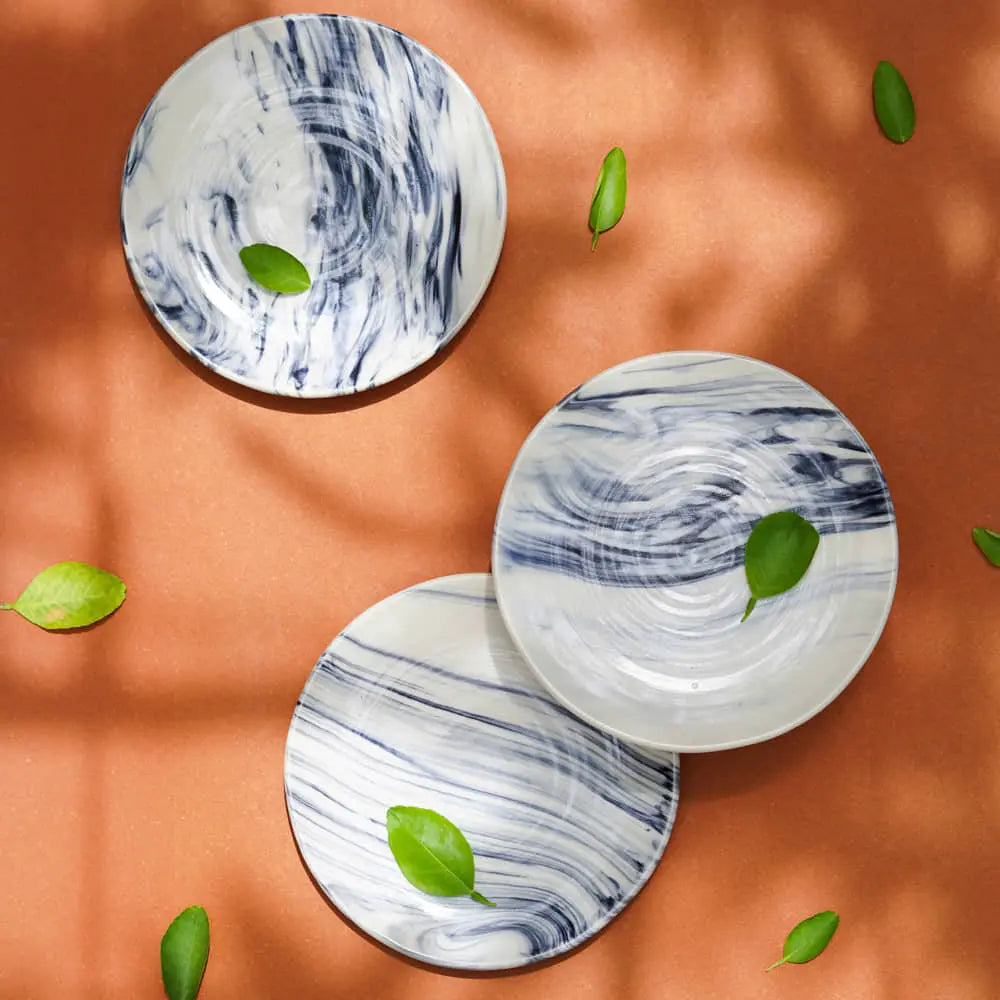 White & Blue Ceramic Quarter Plate Set | Handmade Ceramic Quarter Plate Set - White & Blue