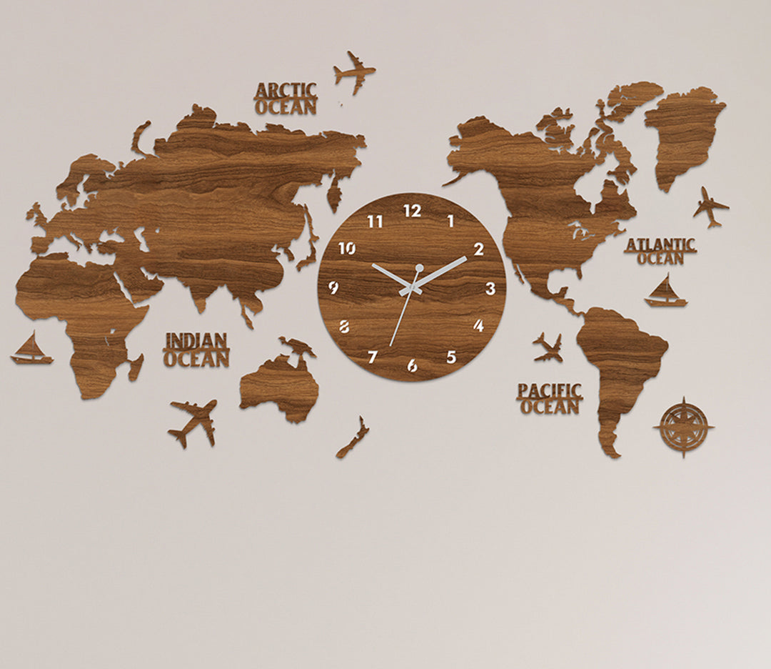 Modern Pinewood World Map Wall Clock (60" x 30" x 0.4")