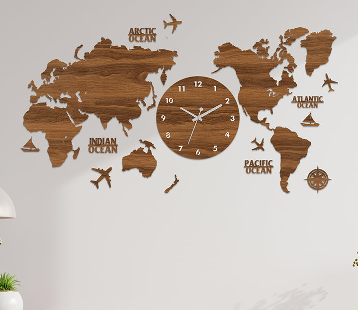 Modern Pine Wood World Map Wall Clock