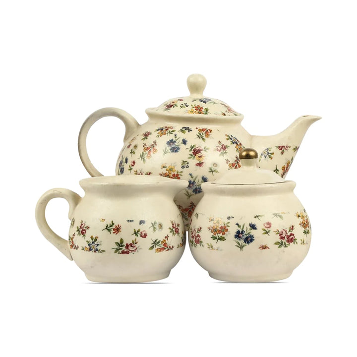 Floral Ceramic Teaset For Home | Exclusive Floral Ceramic Tea Set of 3 pcs - Beige