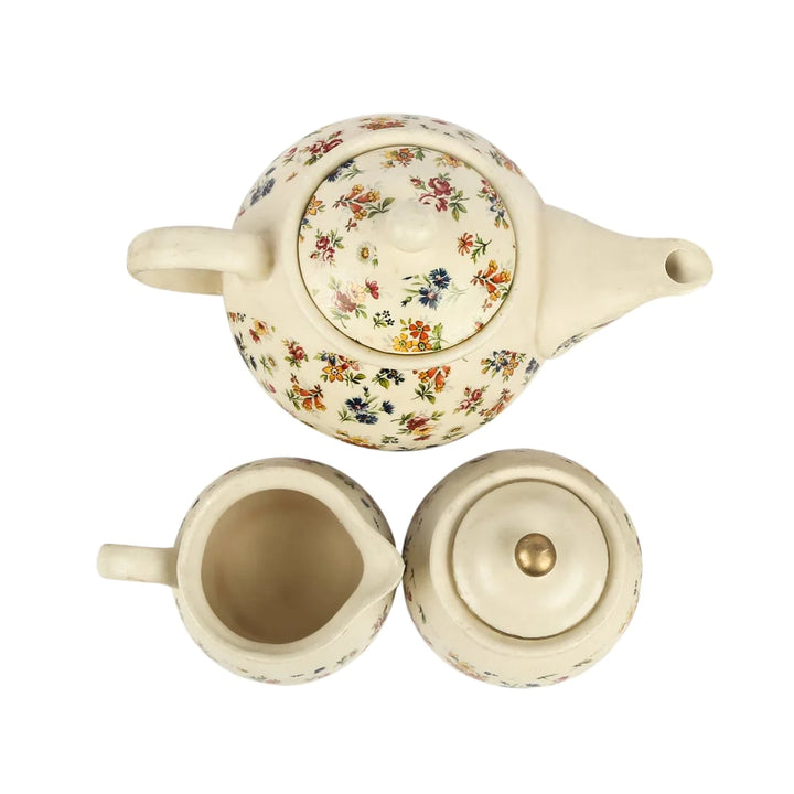 Floral Ceramic Teaset For Home | Exclusive Floral Ceramic Tea Set of 3 pcs - Beige