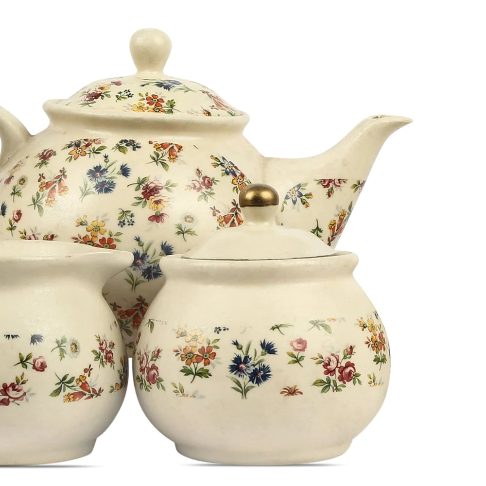 Floral Ceramic Teaset For Home | Exclusive Floral Ceramic Tea Set of 3 pcs - Beige