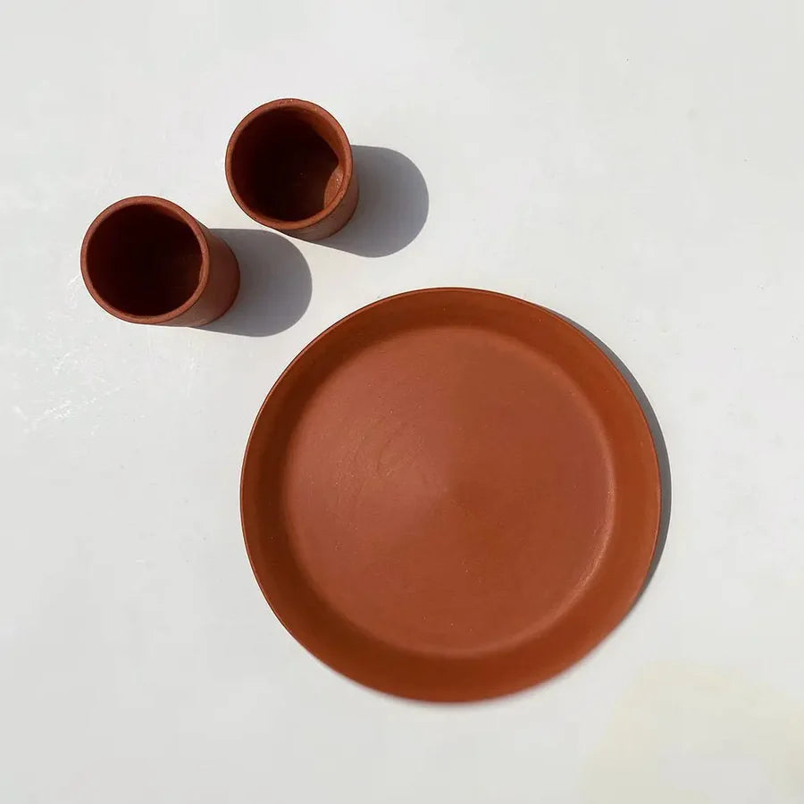 Terracotta Dinnerware Set | Handmade Terracotta Dinner Plate & Glass set