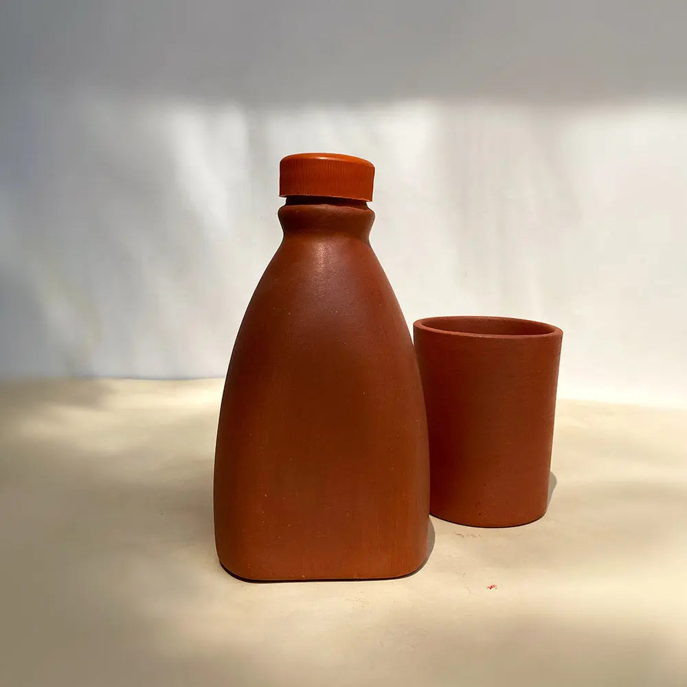 500ml Terracotta Water Bottle & Glass Set | Handmade Terracotta 500ml Drinking Water Bottle & Glass
