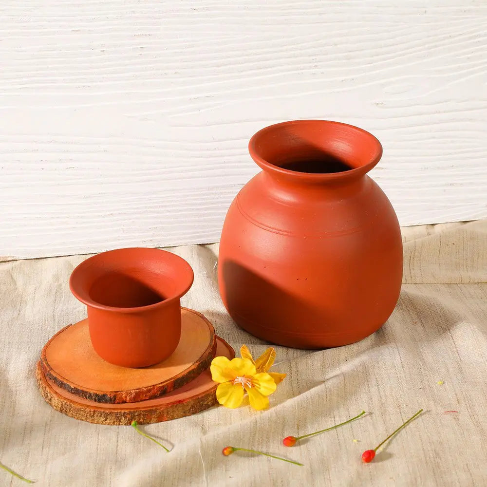 Terracotta Pot & Katori Set - Lead-Free, Scratch Resistant | Handmade Terracotta Pot & Katori