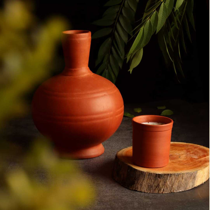 Handcrafted Terracotta Pot and Glass Set | Terracotta traditional Matka with Glass