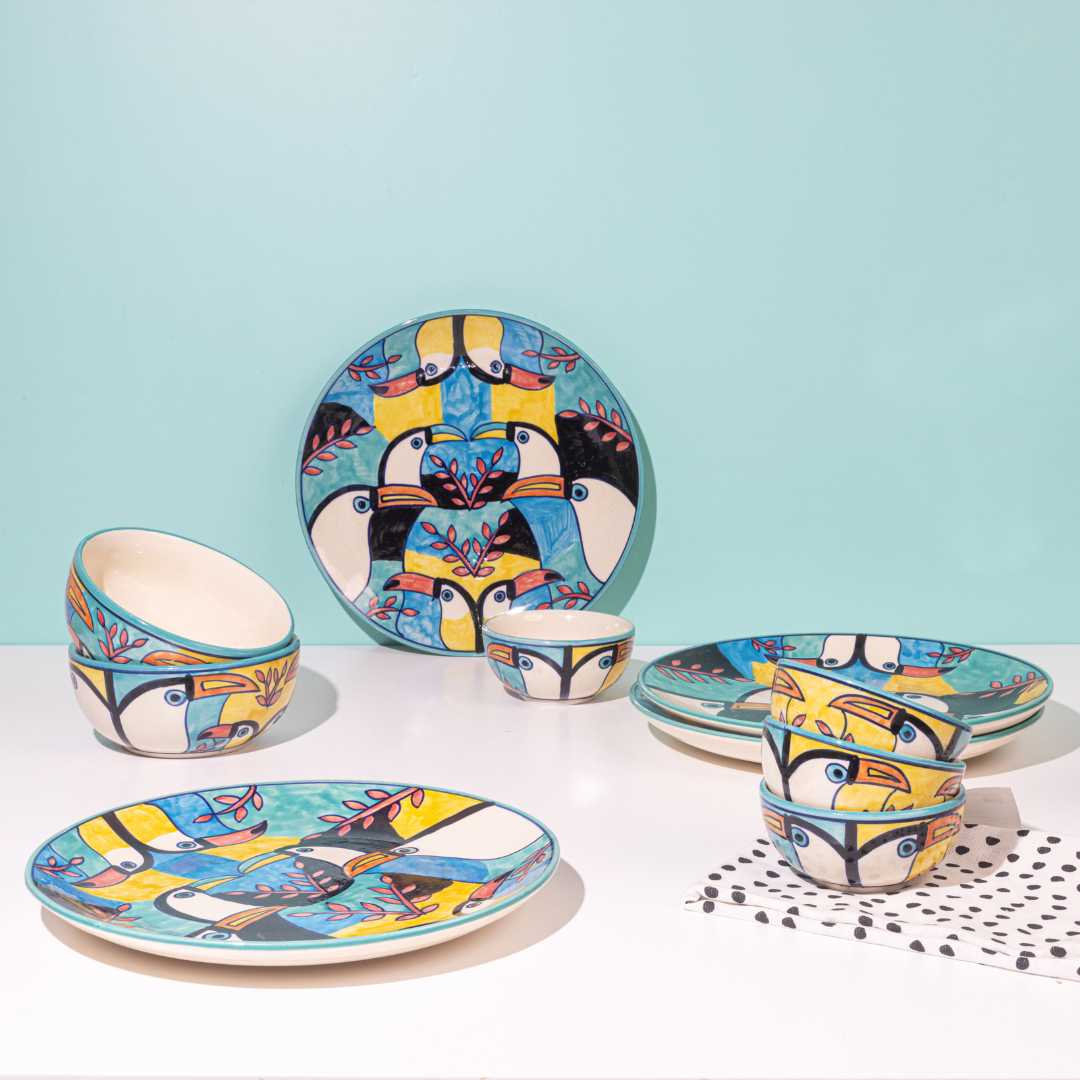 Toucan-Inspired Dinnerware Set - Ceramic, Glossy Finish | Toucan Ceramic Dinner Set - 10pcs