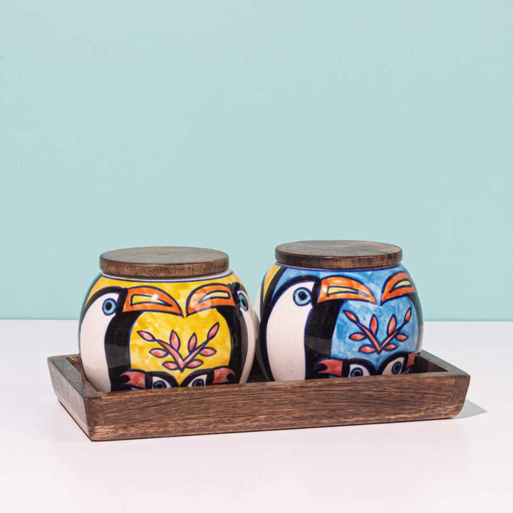 Toucan Wooden Tray & Ceramic Jar Set | Handmade Wooden Tray & Ceramic Circular Jar Set - Toucan
