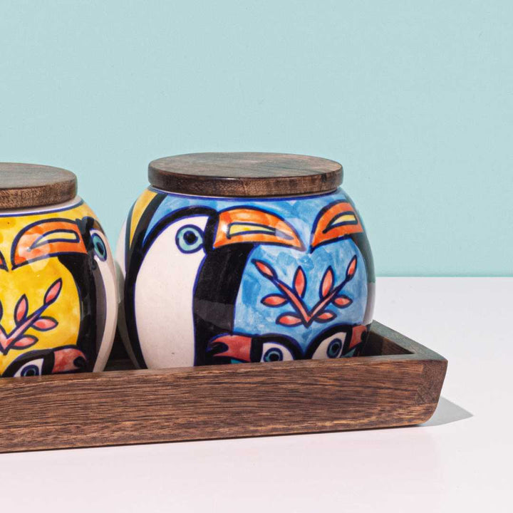 Toucan Wooden Tray & Ceramic Jar Set | Handmade Wooden Tray & Ceramic Circular Jar Set - Toucan