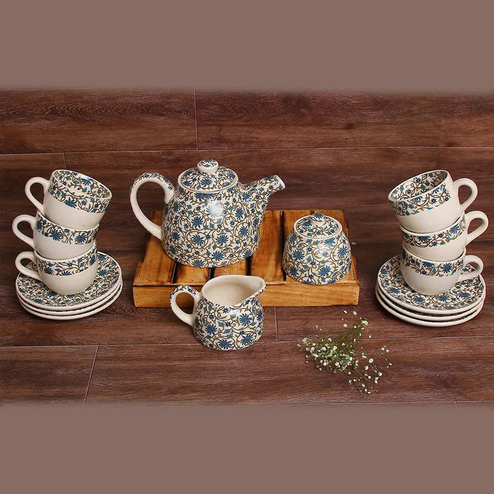 Floral Print Ceramic Tea Set of 15 Pcs | Handmade 6" Floral Print Ceramic Tea Set of 15 Pcs