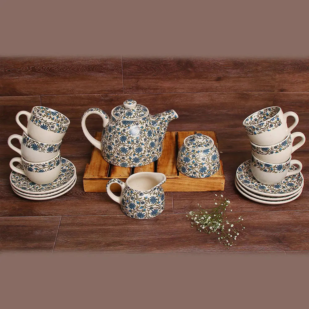 Floral Print Ceramic Tea Set 7pcs | Handmade 6" Floral Print Ceramic Tea Set 7pcs