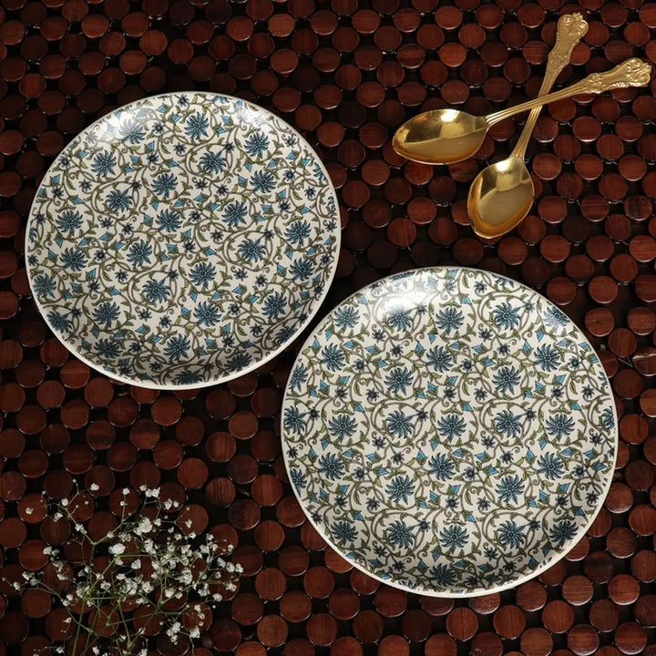 Handmade Blue Floral Ceramic Quarter Plate Set | Handmade Floral Ceramic Quarter Plate Set - Blue