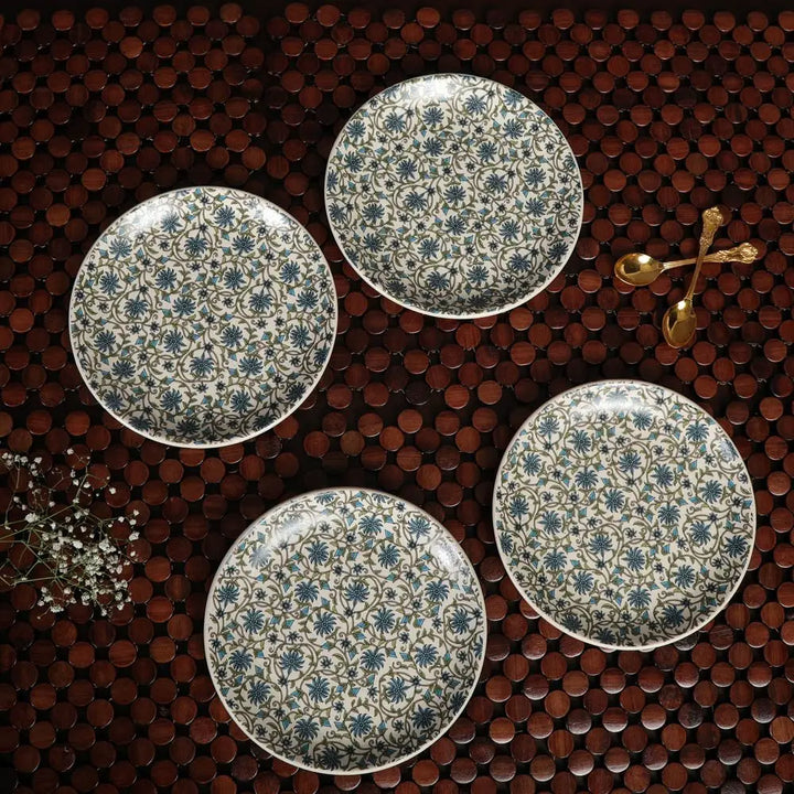 Handmade Blue Floral Ceramic Quarter Plate Set | Handmade Floral Ceramic Quarter Plate Set - Blue