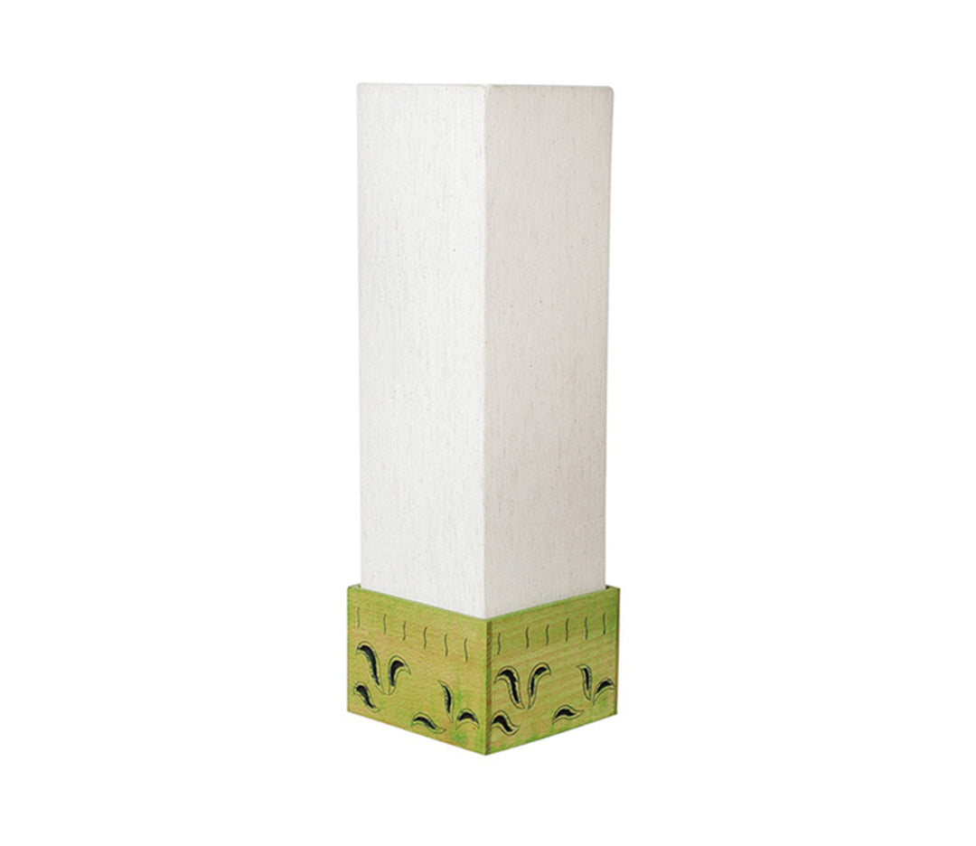Traditional Table Lamp with Carved Green Wood Base and Ivory Fabric