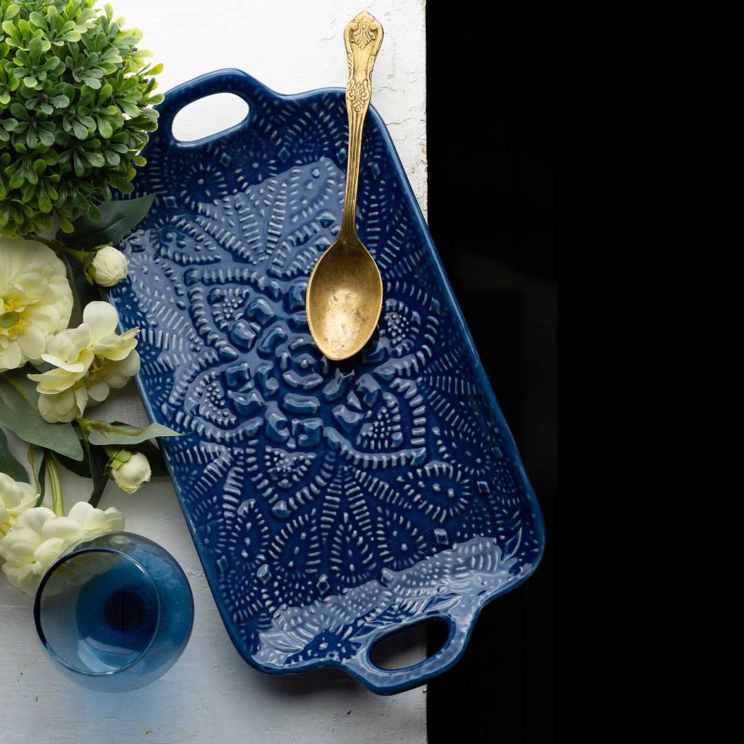 Blue Ceramic Serving Tray - Eco-friendly and Safe | Handmade Ceramic Serving Tray - Royal Blue