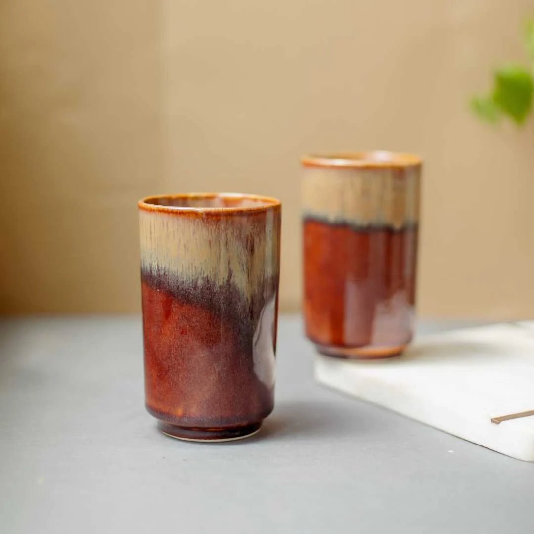 Ceramic Drinking Glasses Set - Brown, Set of 2 | Exclusive Ceramic Drinking Glasses Set of 2 - Brown
