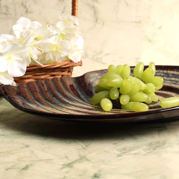 Ceramic Serving Platter - Rustic Brown | Artistic Ceramic Serving Shell Platter - Brown