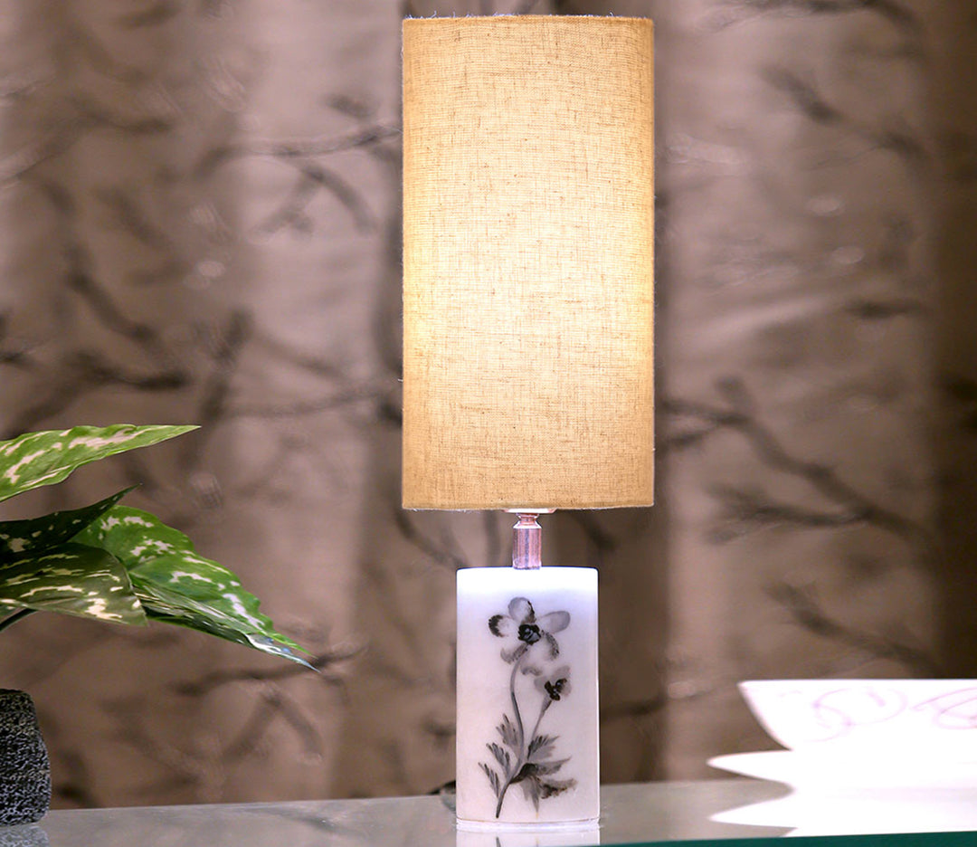 Gray Marble Table Lamp with Beige Shade
