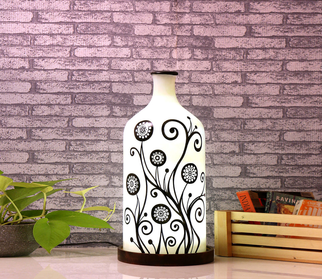Hand-Painted Glass Table Lamp with Wooden Base