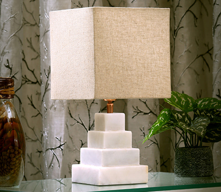 Modern Pyramid Marble Table Lamp with Beige Shade