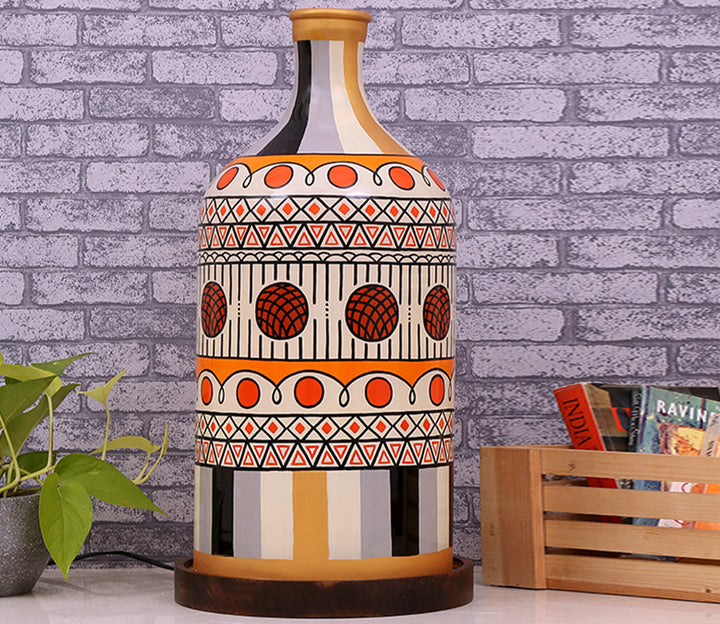 Hand-Painted Glass Shade Table Lamp with Wooden Base