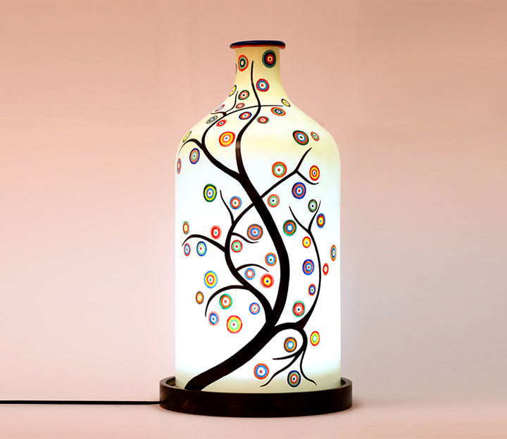Hand-Painted White Glass Table Lamp with Wooden Base
